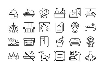 Hotel Amenities and Services Icon Set Black and White