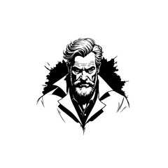 Intense man with beard illustration in striking monochrome art style character design