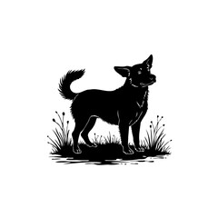 Silhouette of a vigilant dog standing in grass artwork illustration design