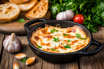 Baked camembert with garlic and herbs served with toasted bread