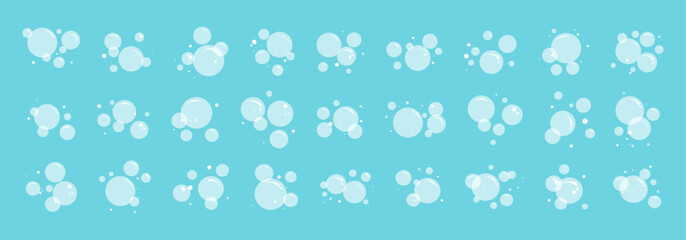 Soap water bubble, cartoon foam bath icon. Sea drop, simple carbonated air, wash pattern. Shampoo suds, soda cloud drink, oxygen effect. Transparent fizzy ball on blue bg. Clear vector illustration