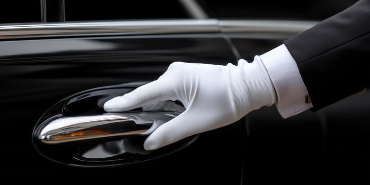 Extreme close-up of a hand with an elegant white glove of a professional chauffeur while opening or closing the door of a beautiful black luxury car. Generative Ai.