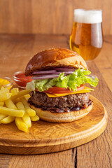 hamburger fries and beer
