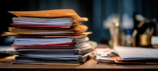 The towering stack of paperwork on an office desk in a busy workspace.