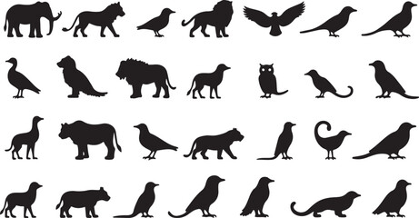 Collection of wild animal vector silhouettes including deer, wolf, bear, fox, tiger, elephant, horse, cow, dog, and cat illustrations © Saidar