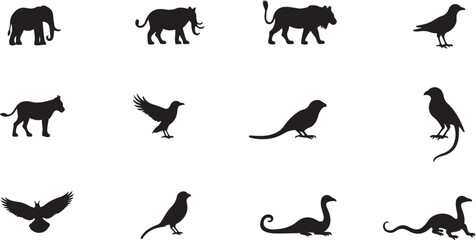 Black vector silhouettes of domestic and wild animals set collection