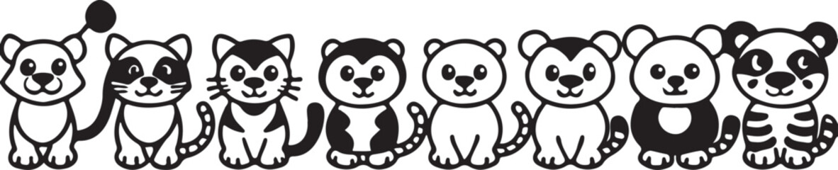 Cute cartoon panda character illustration playing in black and white grass and flowers