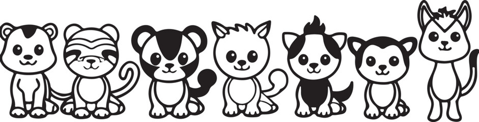 Black and white vector cartoon illustration of a cute silhouette horse with a puppy and a baby panda, perfect for fun animal art designs