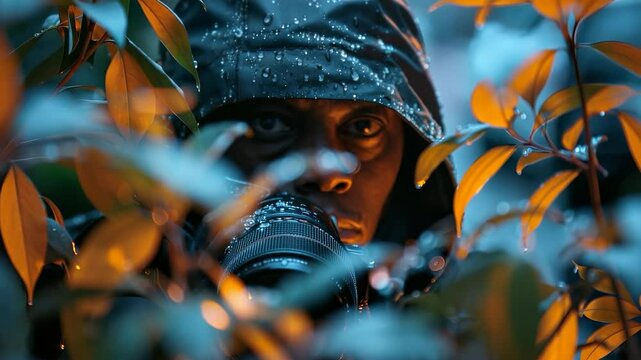 A hidden figure takes covert images from behind a bush as raindrops fall on the lens and his coat. The wet environment adds an intriguing atmosphere to the pursuit of private moments