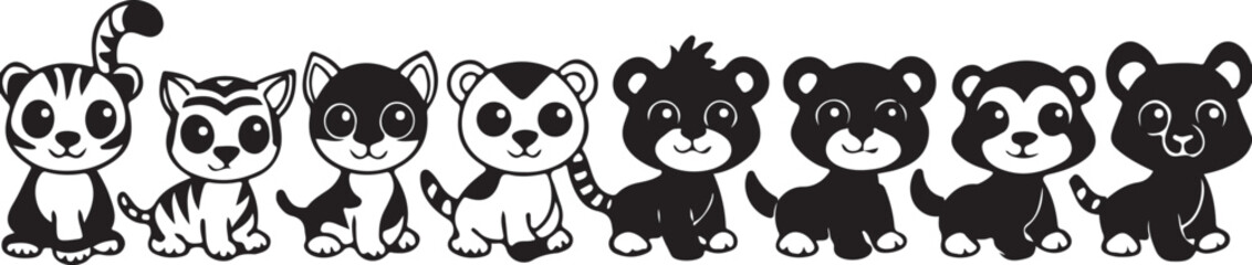 Cute cartoon baby panda bear vector illustration with black and white silhouettes of grass and flowers