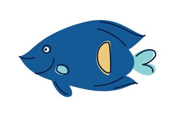 Colorful vector illustration of blue angelfish with yellow crescent spot near tail. Flat cartoon tropical marine fish for underwater themes, childrens materials, ocean life, decor, aquariums icon