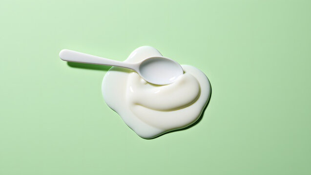 Plastic spoon in spilled yogurt on green background - Powered by Adobe