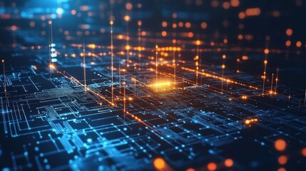 Abstract digital circuit board, glowing lines, data flow