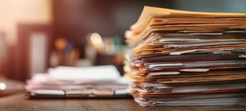 The paperwork stack showcasing an organized yet cluttered office environment.