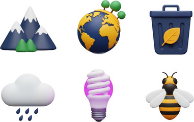 Stylized 3D Earth icon with trees rain cloud recycle bin lightbulb mountains and bee icon set isolated on black