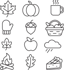 Set of Autumn Line Icons – Fall Leaves, Pumpkin, Apple Pie, Campfire, and Acorn