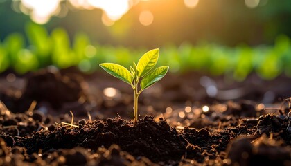 Young seedling in sunlit soil new life with growth, and and hope concept.