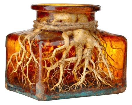 Amber glass jar with dried root wrapped around its neck, showcasing natural texture and earthy tones in rustic style container