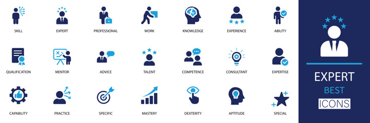 Expert icon set. This collection features high-quality, solid vector icons symbolizing expertise, skill, knowledge, mastery, professionalism, and experience. Ideal for mentors, and specialists.
