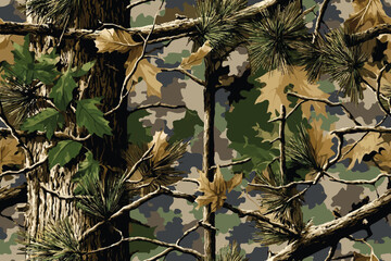 Vector hunting camouflage design. Digital camouflage seamless pattern. Real tree pattern. Woodland camo