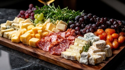 Assorted cheese and cured meats platter with grapes and fruit