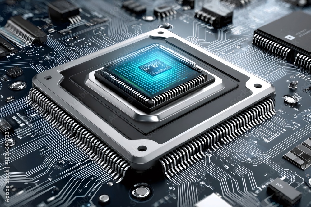 Poster Cpu processing data on motherboard, futuristic technology in action