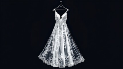 A white, floor-length lace wedding gown with a V-neckline hangs on a simple black hanger against a stark black backdrop.  The dress features intricate lace delicate and romantic aesthetic