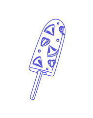 Fruity ice cream icon. Popsicle with pieces of fruit. Frozen juice with berries, slices on wooden stick. Icecream, cold summer dessert. Flat isolated outline vector illustration on white background