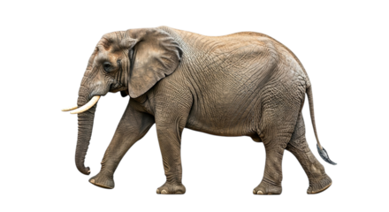 A majestic african elephant walking gracefully with its tusks visible on a black background