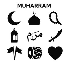 Black silhouette icon set for Muharram. Includes solid black icons of Islamic and Muharram-related symbols such as crescent moon, mosque dome, prayer beads (tasbeeh), lantern, calligraphy-style