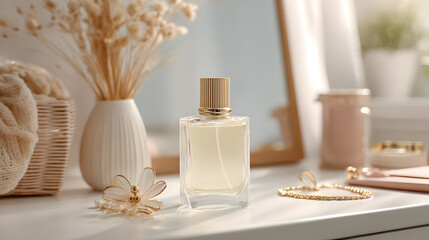 an elegant perfume bottle is showcased alongside aesthetic decor, evoking a sense of sophistication and luxury. The details capture a sense of beauty and create a captivating visual