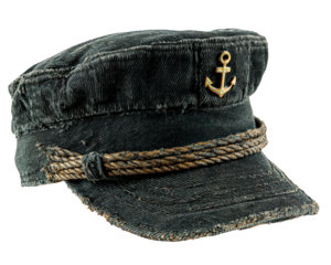 Worn black sailor cap with golden anchor emblem and braided rope detail, isolated on transparency background, showing vintage maritime style and textured fabric with frayed edges