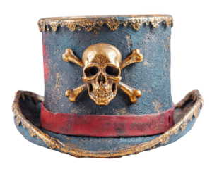 Pirate hat with skull and crossbones emblem, decorated with gold trim and red band, vintage style accessory for costume or themed events