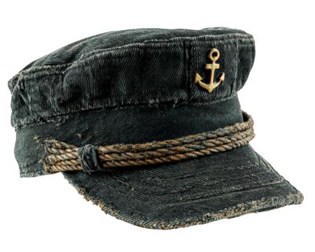 Worn black sailor cap with golden anchor emblem and braided rope detail, isolated on transparency background, showing vintage maritime style and textured fabric with frayed edges