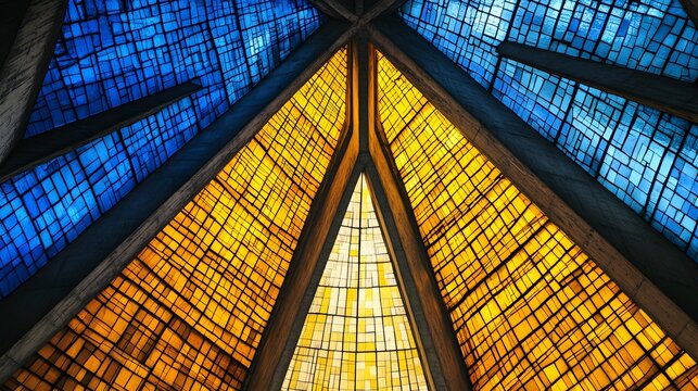 Abstract Geometric Stained Glass Window Design Blue Yellow Gold