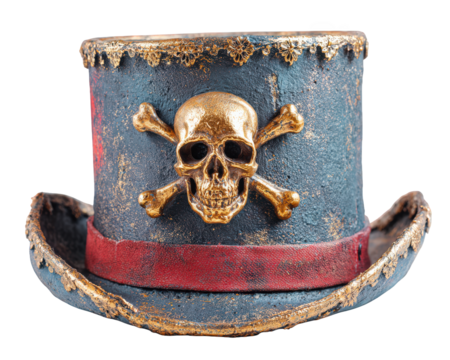 Pirate hat with skull and crossbones emblem, decorated with gold trim and red band, vintage style accessory for costume or themed events