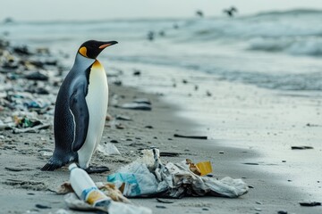 Penguin on the beach with garbage. Pollution of the ocean and coast