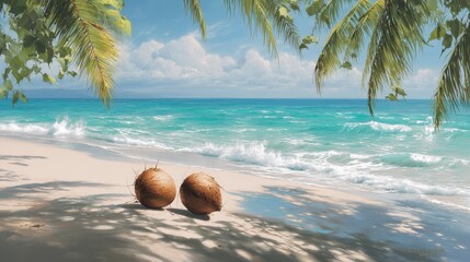 Obraz premium tropical beach with coconuts on sand, green leaves around