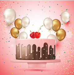 Pink Cake Celebration Vector, Pink Cake Celebration Vector. Birthday Cake with Balloons and Cherry Topping