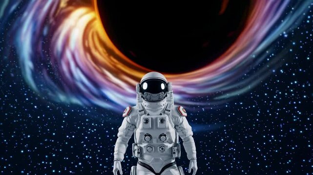 Astronaut floating in the vastness of space, witnessing the breathtaking spectacle of a black hole's event horizon, where gravity warps spacetime and bends light