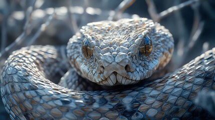 Obraz premium Close up view of a desert viper snake in its natural habitat showcasing its intricate scales and intense gaze