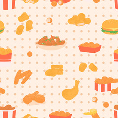 Chicken fried seamless pattern. Fast food meals, different parts of breaded chicken, croquettes and nuggets. Print design, vector background