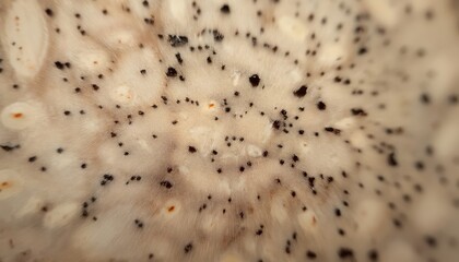 closeup of textured beige mushroom cap with dark brown spore specks and fine surface detail for use in natural pattern design, biology texture, or organic branding element


