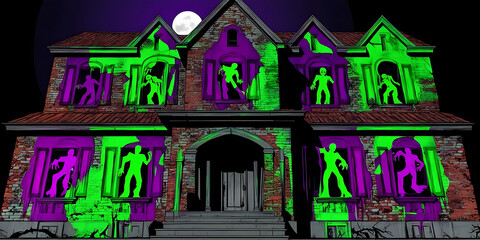 Fototapeta premium Haunted mansion glowing green and purple at night 