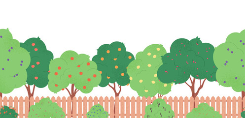 Green garden fruits tree, berries bushes and wooden fence. Decorative seamless pattern, border for farm market design, posters, vector banner