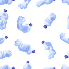 Plastic waste seamless pattern. Isolated crumpled plastic bottles, trash or reusable garbage. Ecology, environment, fabric wallpaper print, vector background