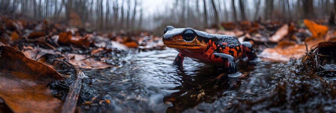 A vibrant red and black salamander in a forest stream Autumn leaves surround it Wildlife - Powered by Adobe