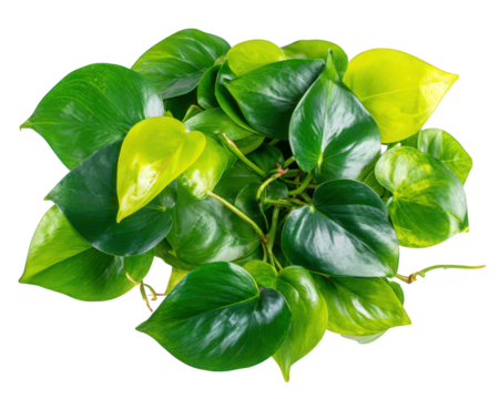 Green and yellow heart shaped leaves of tropical houseplant isolated on transparency background, showing glossy texture and vibrant natural colors for indoor decoration