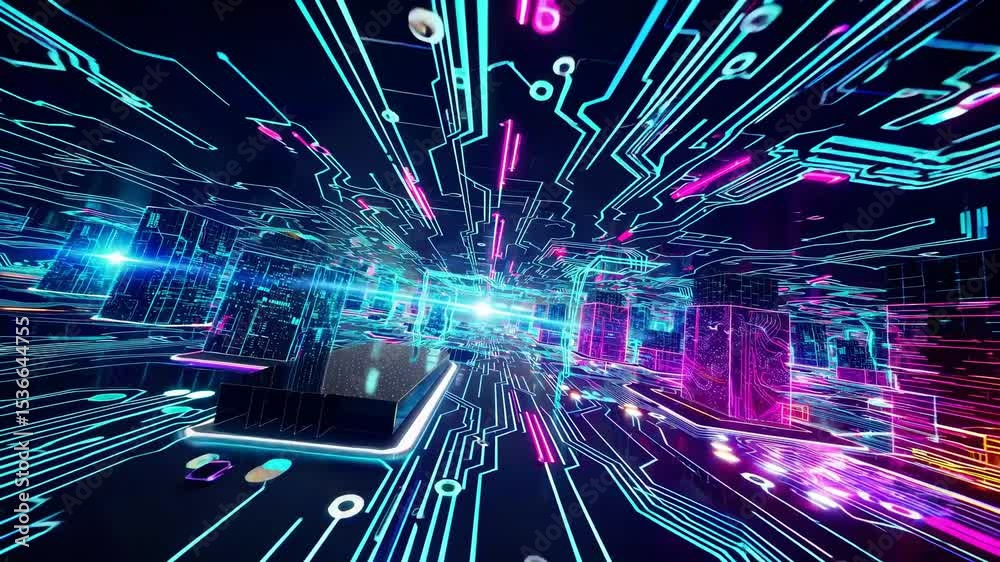 Poster glowing neon lines and circuits form a complex technological tunnel, representing the rapid flow of 