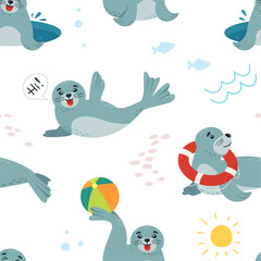 Cartoon funny seals seamless pattern. Baby seal play and laugh. Cute underwater arctic animals. Animalistic print for fabric design, classy vector background